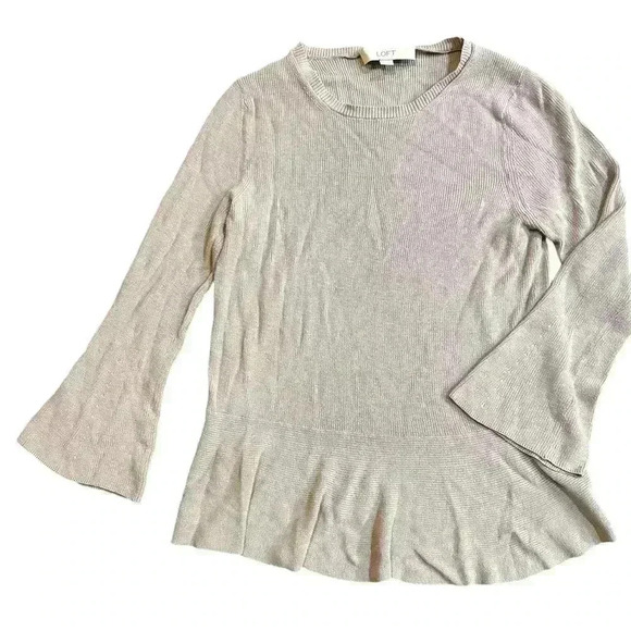 Ann Taylor Loft Ribbed Sweater Bell Sleeves Flared Hem Size L Nude Neutral - Picture 2 of 4